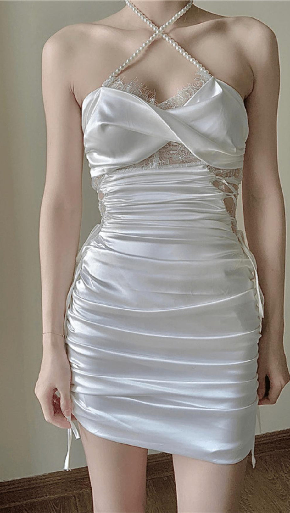 SATIN RUCHED MINI DRESS IN PINK