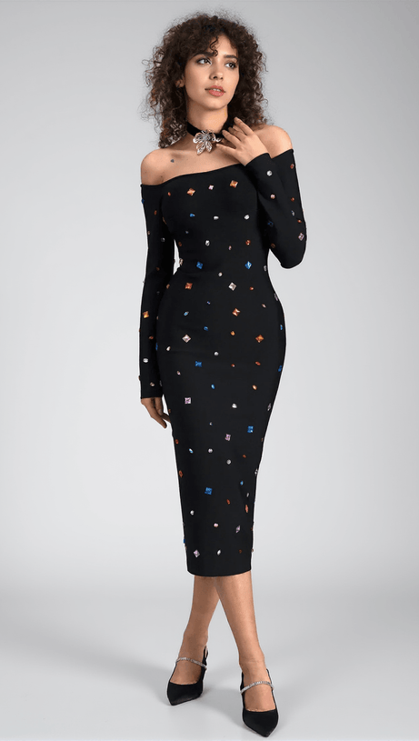 ABITO MIDI A MANICHE LUNGHE CON CRISTALLI GANIDE