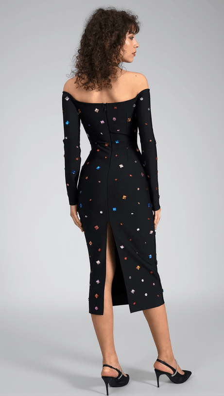 ABITO MIDI A MANICHE LUNGHE CON CRISTALLI GANIDE