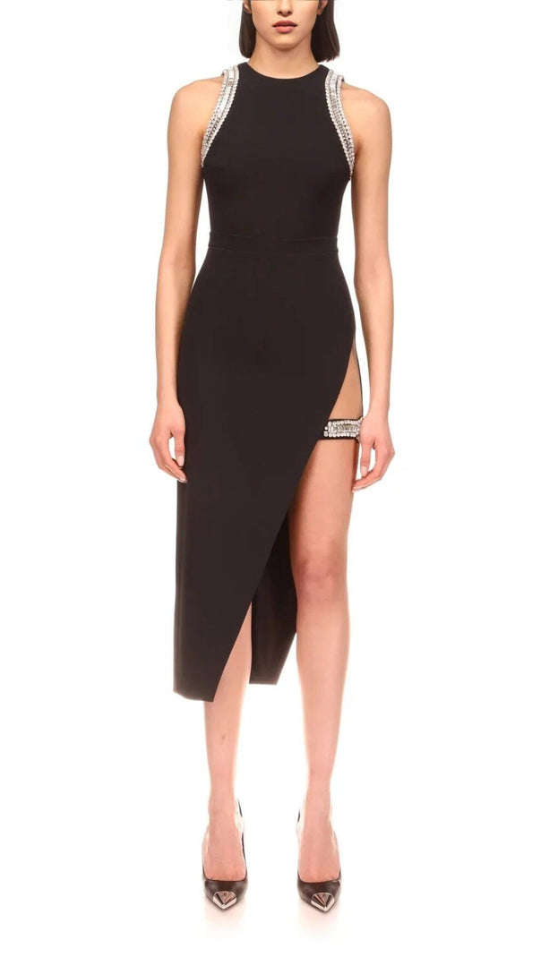 AIIZIE CRYSTAL SPLIT MIDI DRESS IN BLACK - product image