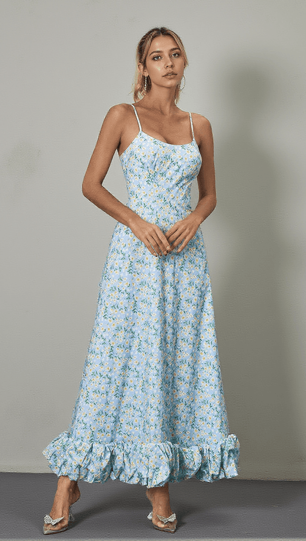AIIZIE ILSA SPAGHETTI FLORAL MAXI DRESS IN BLUE - product image