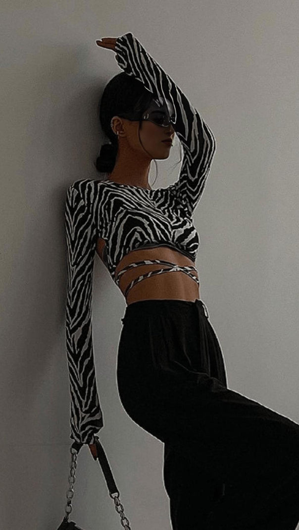 AIIZIE LACE-UP ZEBRA PRINT HALTER TOP - product image