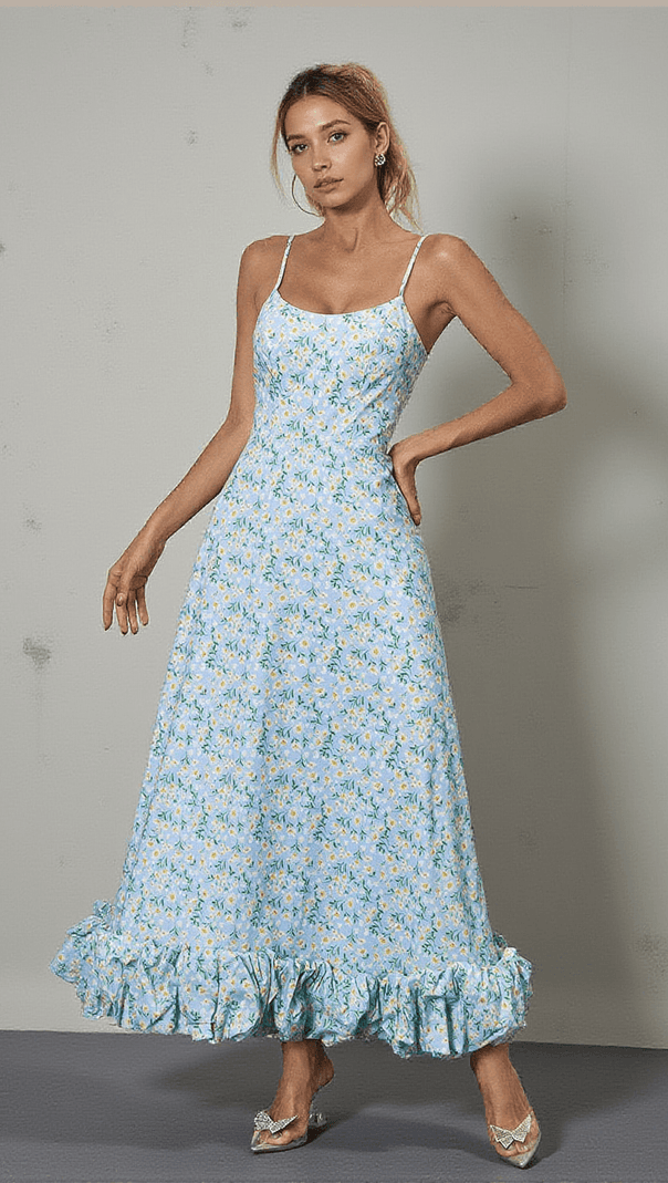 AIIZIE ILSA SPAGHETTI FLORAL MAXI DRESS IN BLUE - product image