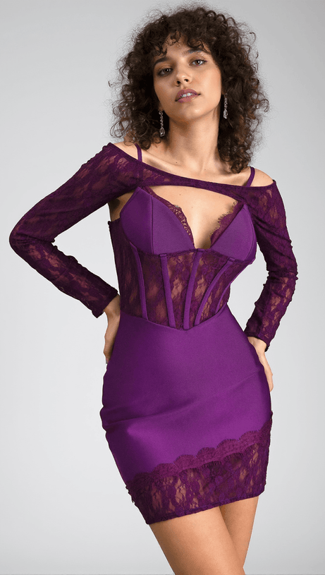 Completo 2 pezzi con abito patchwork in pizzo a maniche lunghe Alanoti