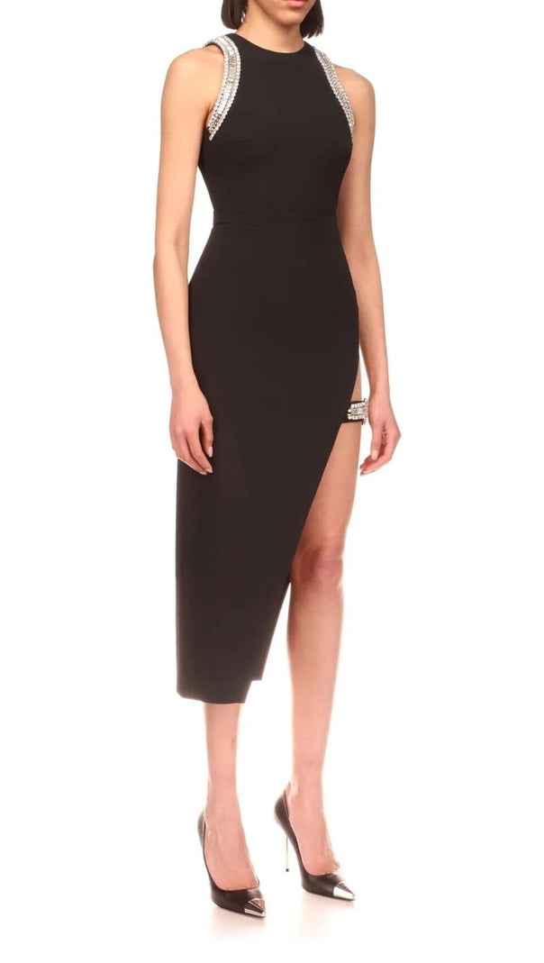 AIIZIE CRYSTAL SPLIT MIDI DRESS IN BLACK - product image