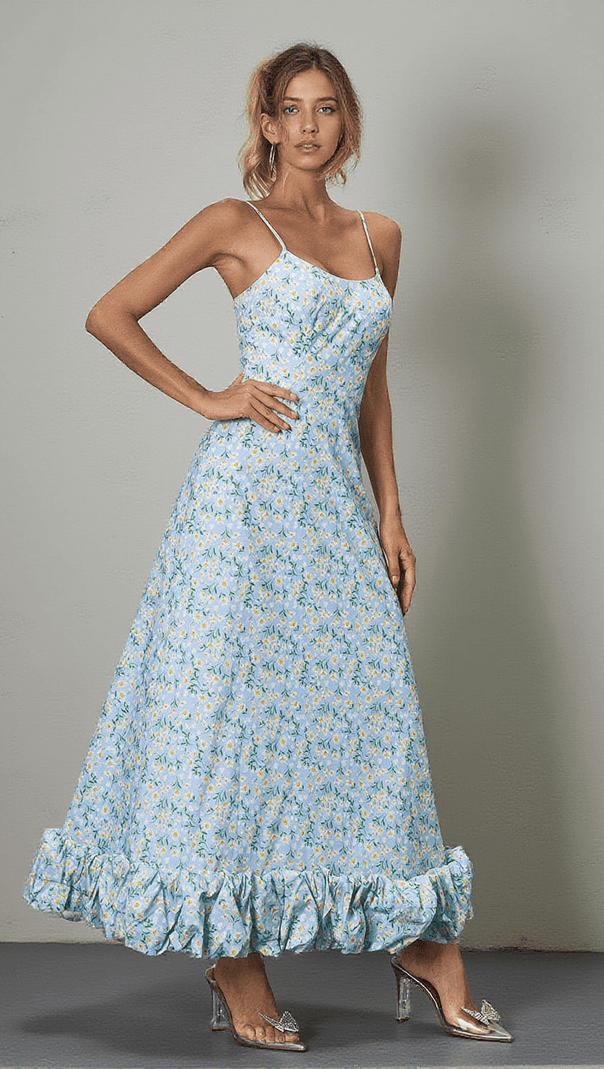 AIIZIE ILSA SPAGHETTI FLORAL MAXI DRESS IN BLUE - product image