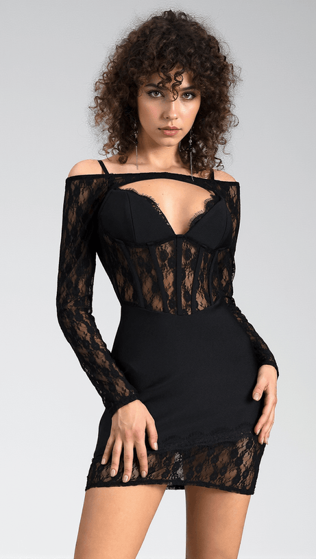 Completo 2 pezzi con abito patchwork in pizzo a maniche lunghe Alanoti