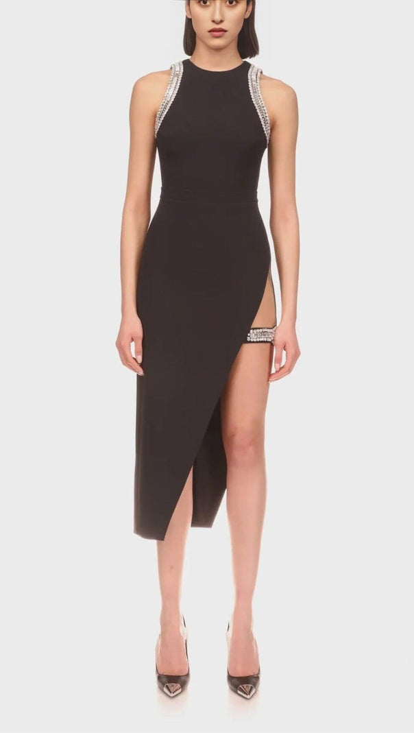 AIIZIE CRYSTAL SPLIT MIDI DRESS IN BLACK - product image