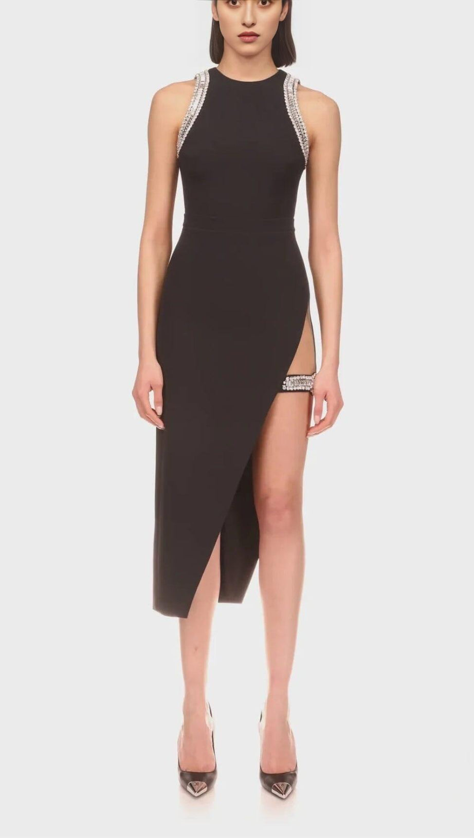 CRYSTAL SPLIT MIDI DRESS IN BLACK