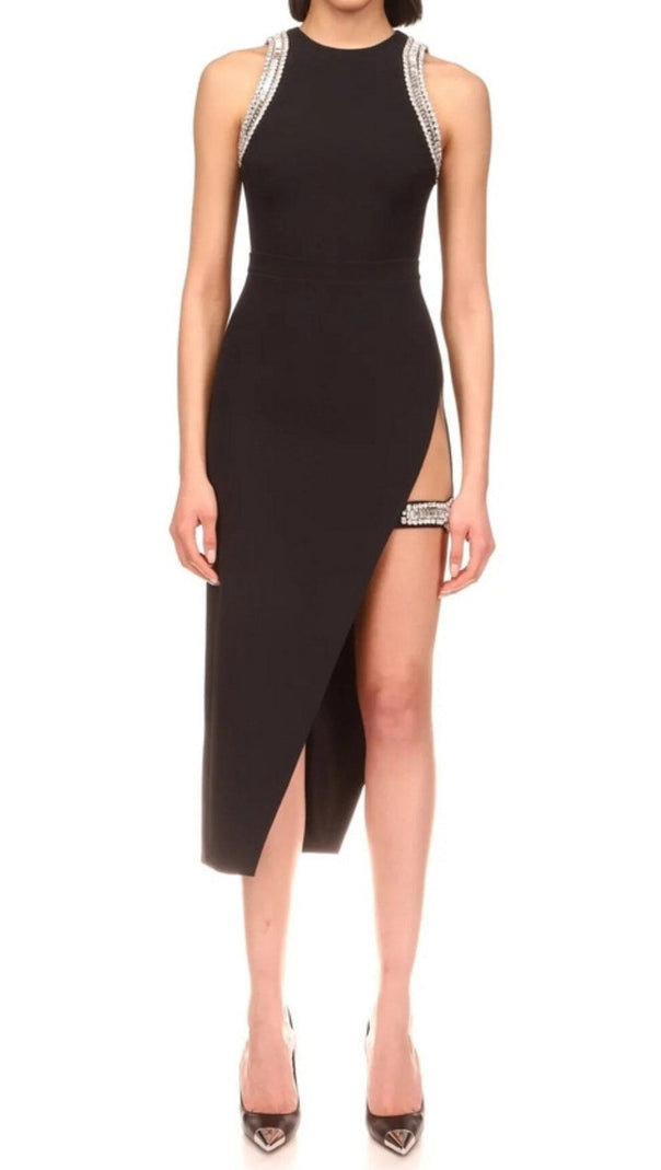 AIIZIE CRYSTAL SPLIT MIDI DRESS IN BLACK - product image