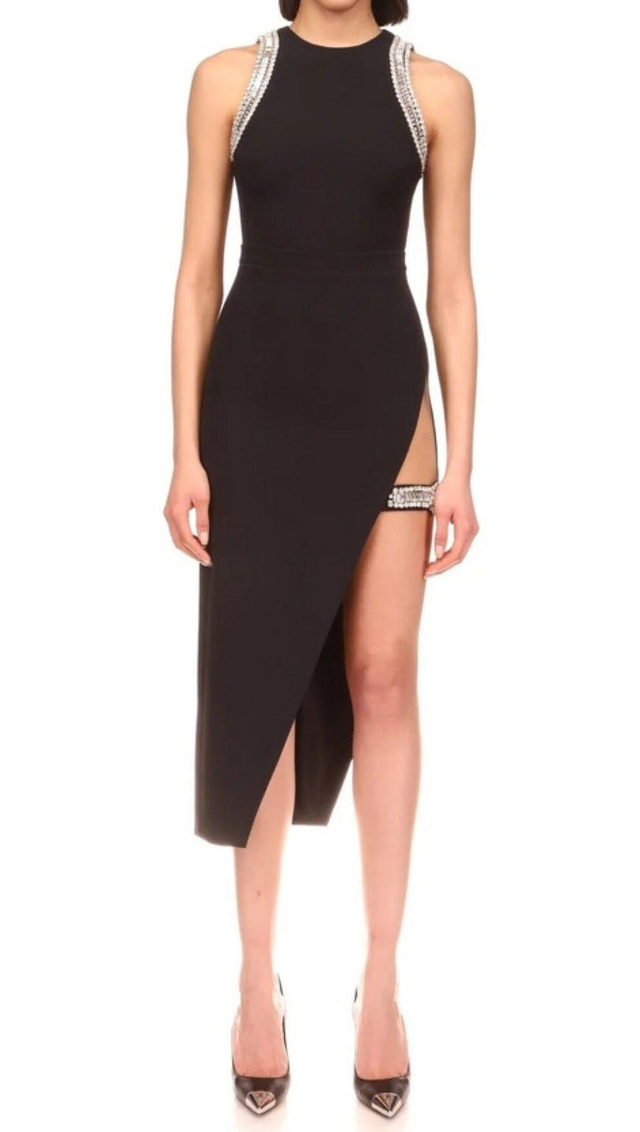 CRYSTAL SPLIT MIDI DRESS IN BLACK