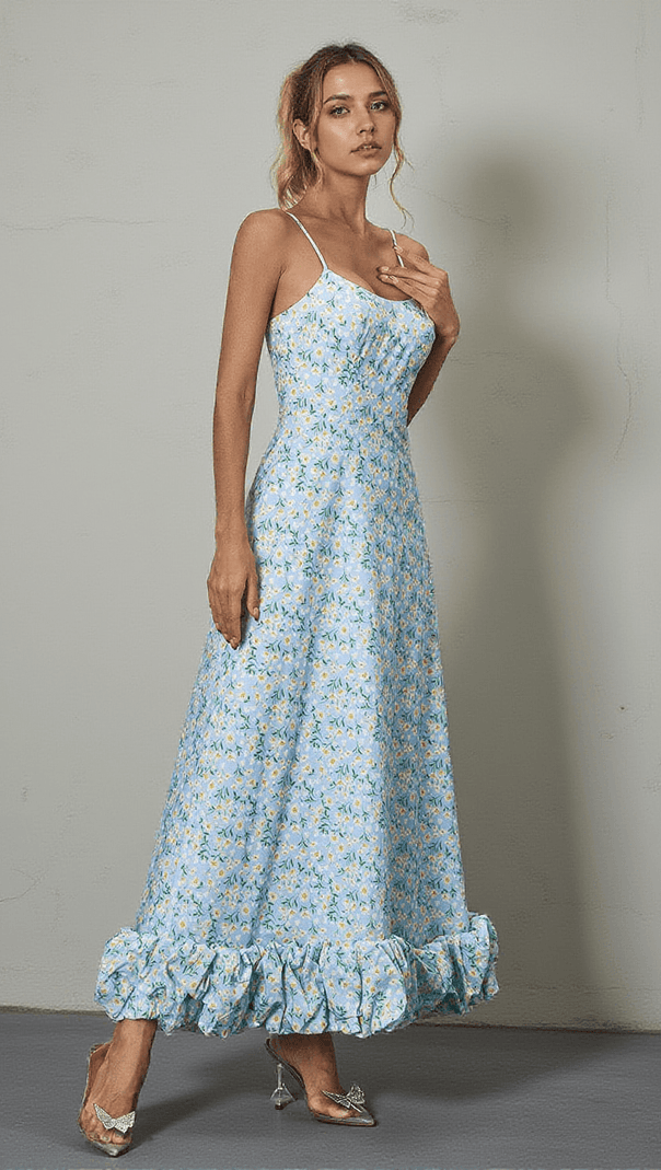 AIIZIE ILSA SPAGHETTI FLORAL MAXI DRESS IN BLUE - product image