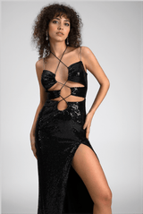 Tajae Spaghetti High Slit Sequin Dress