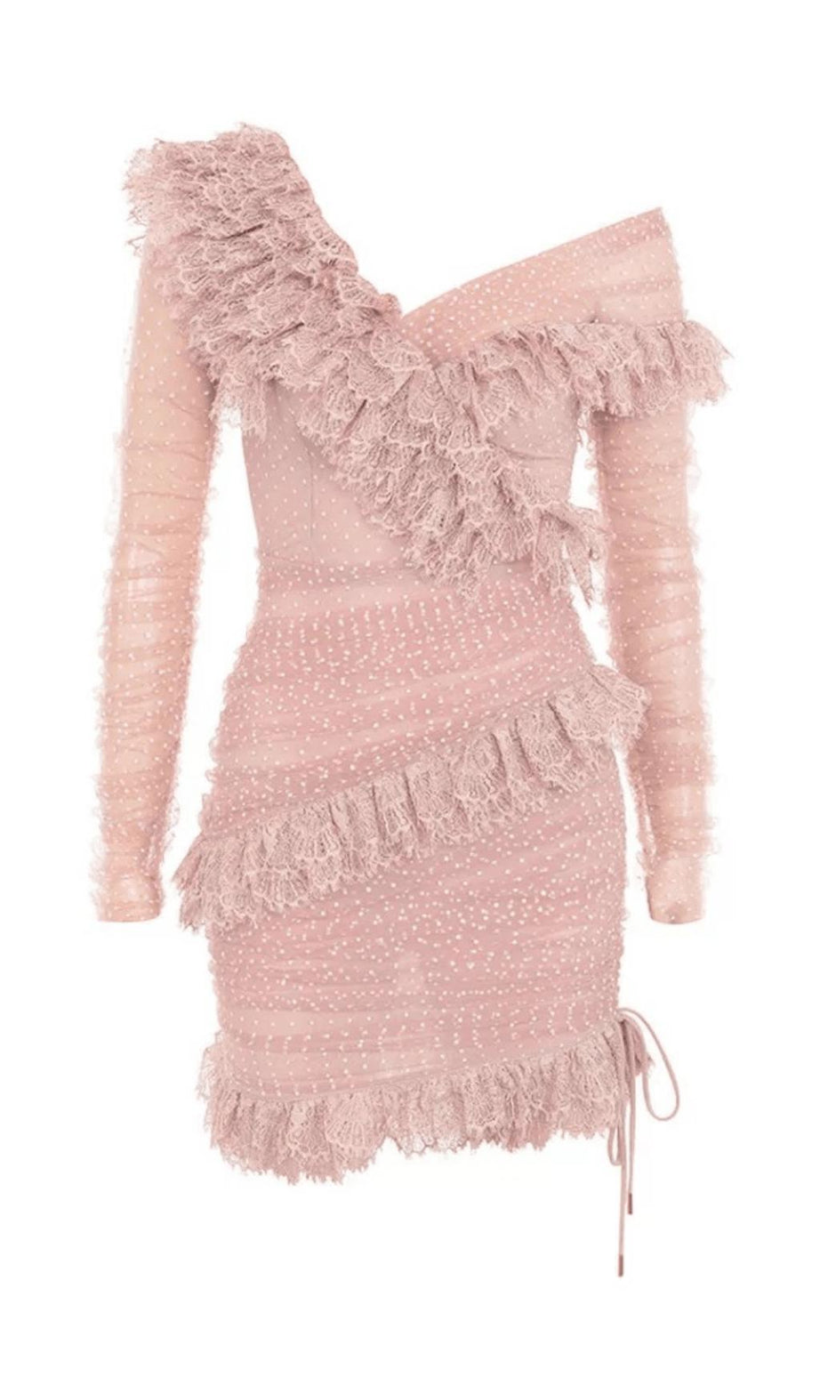 MINI ABITO CON BALZE IN PIZZO COLOR ROSÉ