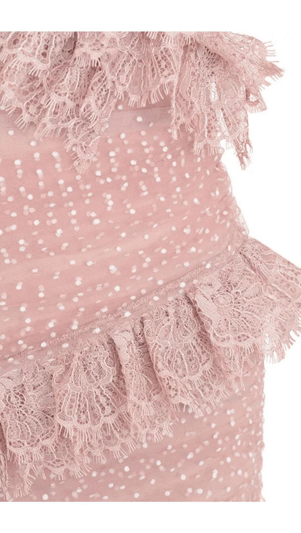 MINI ABITO CON BALZE IN PIZZO COLOR ROSÉ
