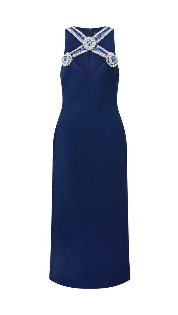 AIIZIE HALTER CRYSTAL MIDI DRESS IN DEEP SEA BLUE - product image