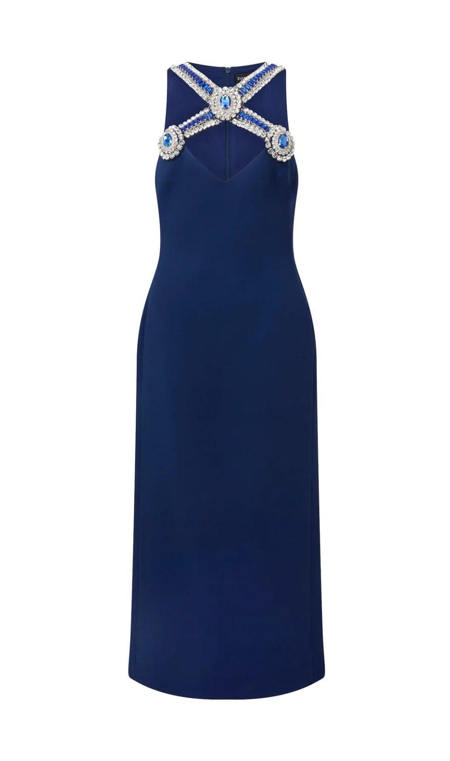 Neckholder-Midikleid mit Kristallen in Tiefseeblau