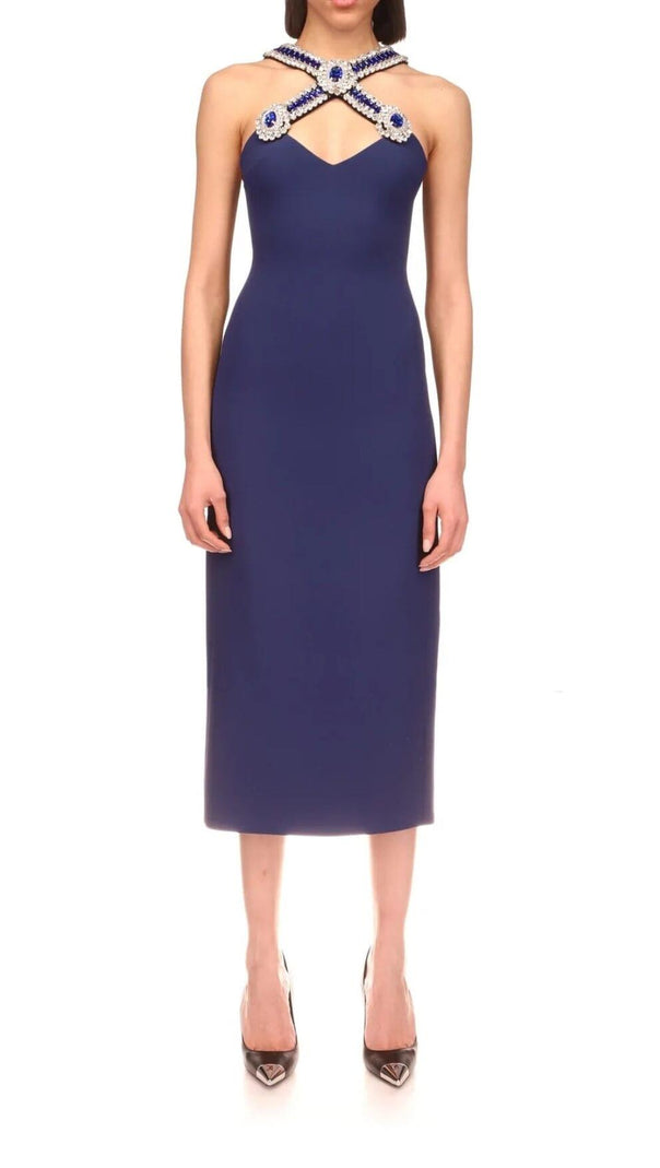 AIIZIE HALTER CRYSTAL MIDI DRESS IN DEEP SEA BLUE - product image
