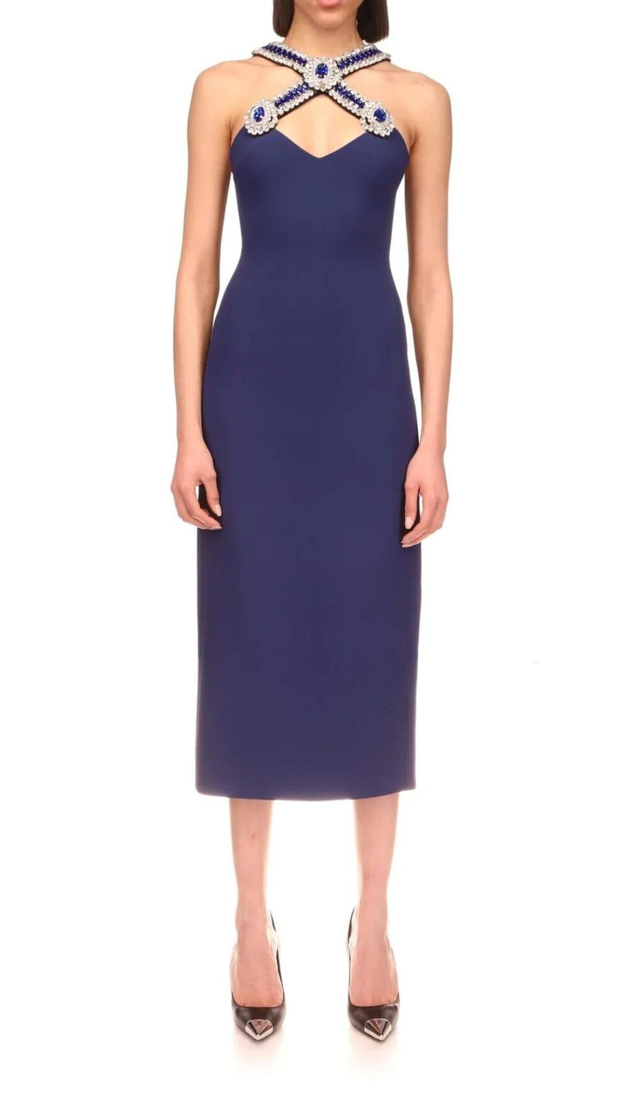 HALTER CRYSTAL MIDI DRESS IN DEEP SEA BLUE