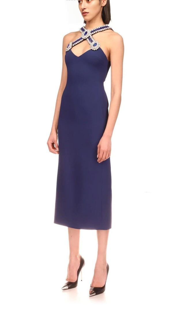 AIIZIE HALTER CRYSTAL MIDI DRESS IN DEEP SEA BLUE - product image