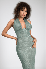 Louiza Sequin Halterneck Cinched Waist Dress