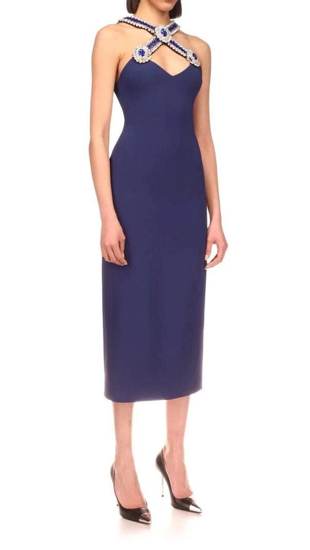 AIIZIE HALTER CRYSTAL MIDI DRESS IN DEEP SEA BLUE - product image