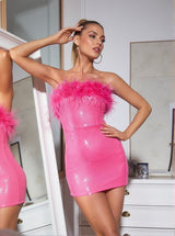 Marin Strapless Feather Sequin Mini Dress In Hot Pink