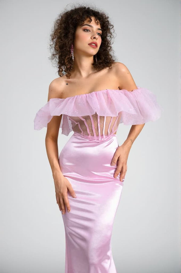 Agnaki Strapless Organza Satin Bodycon 2 Piece Set