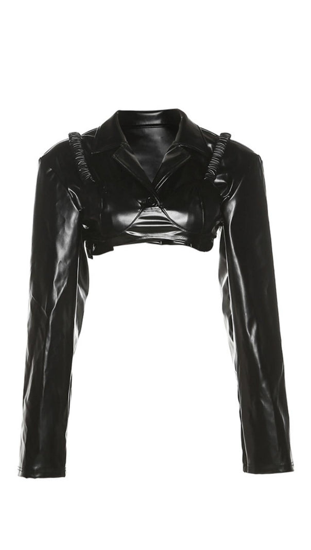 AIIZIE LAPEL NAVEL CROP PU LEATHER TOP SUIT - product image