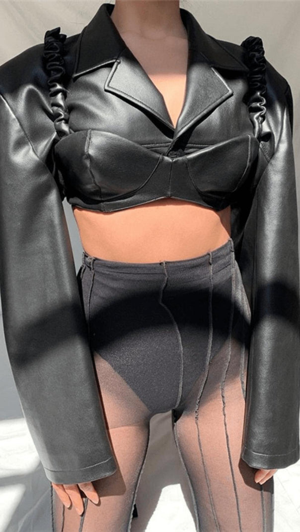 AIIZIE LAPEL NAVEL CROP PU LEATHER TOP SUIT - product image