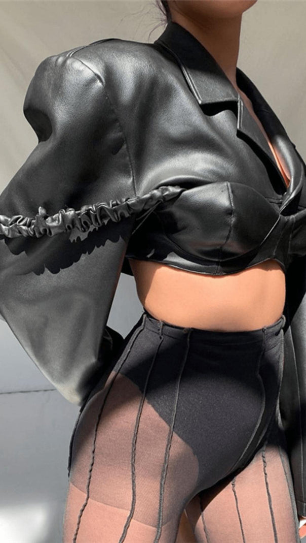 AIIZIE LAPEL NAVEL CROP PU LEATHER TOP SUIT - product image