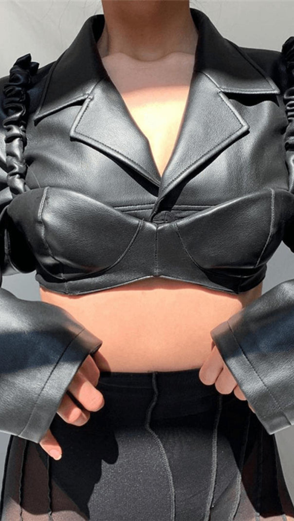 AIIZIE LAPEL NAVEL CROP PU LEATHER TOP SUIT - product image