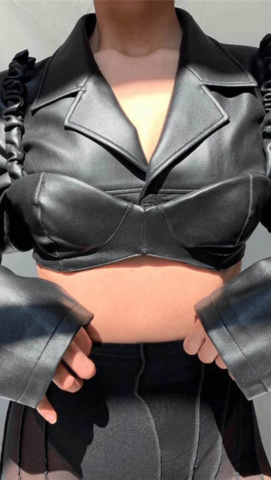 Revers-Nabel-Crop-PU-Leder-Top-Anzug