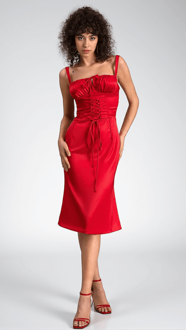 AIIZIE DESYRE DRAWSTRING SATIN STRAP MIDI DRESS - product image