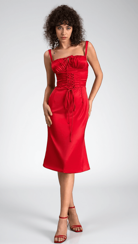 Desyre Midikleid mit Satinträgern und Kordelzug