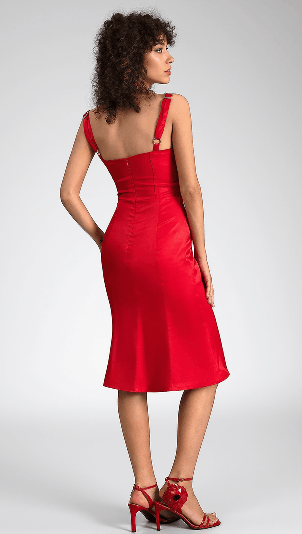 AIIZIE DESYRE DRAWSTRING SATIN STRAP MIDI DRESS - product image