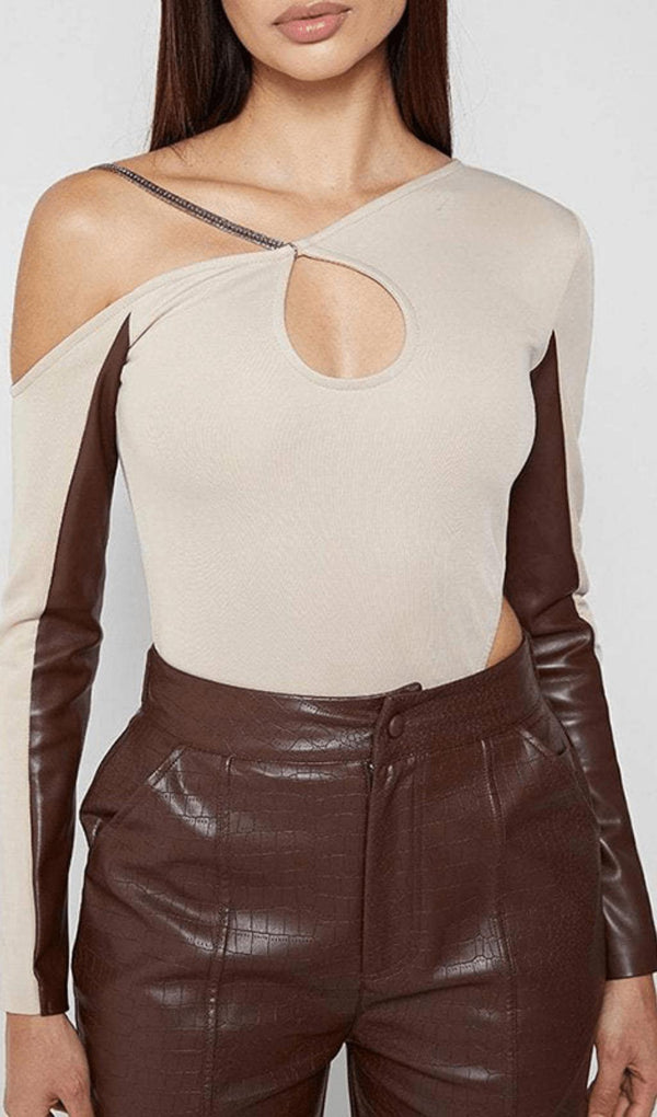 Diagonal sleeve leather bodysuit