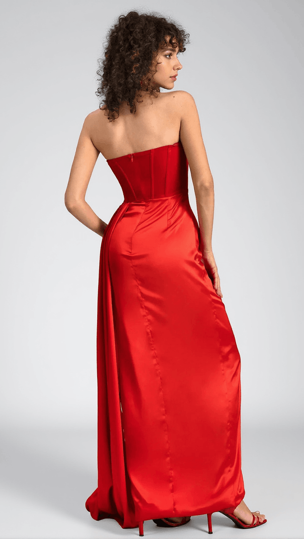 AIIZIE TYISHA OFF SHOULDER CORSET SATIN PLEAT DRESS - product image