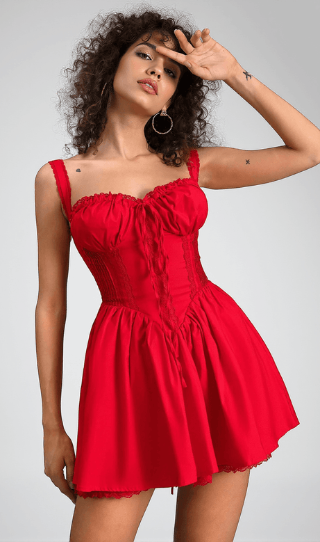 Rozelle Strap Woven Mini Dress In Red