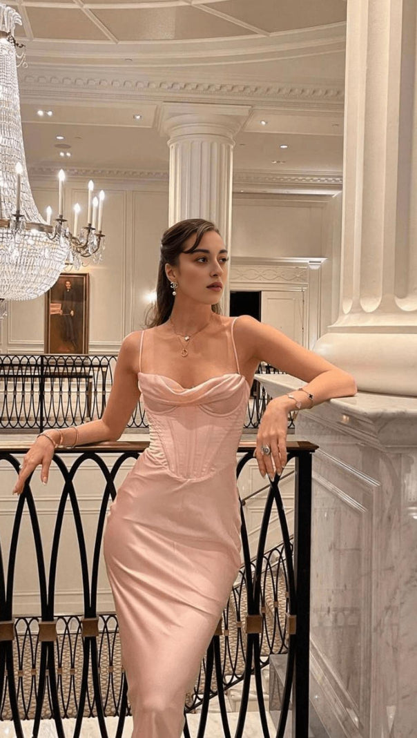 AIIZIE PINK SATIN SUSPENDER ELEGANT DRESS - product image