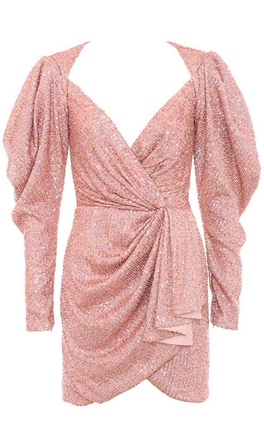 MINI ABITO CON PAILLETTES DRAPPEGGIATE IN ORO ROSA