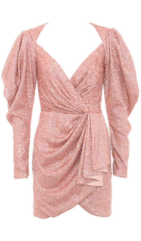 ROSE GOLD DRAPED SEQUIN MINI DRESS