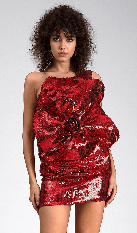 Foteini One-shoulder Sequin 3D Floral Mini Dress