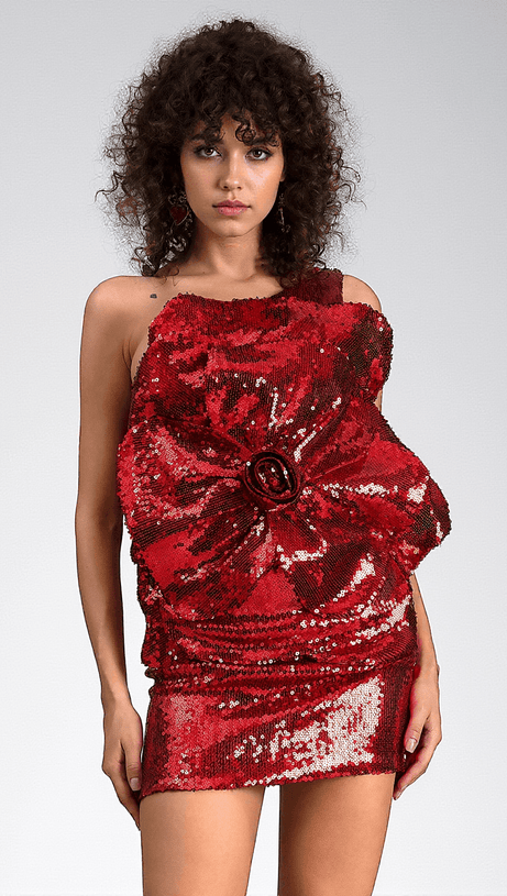 Foteini – One-Shoulder-Minikleid mit Pailletten und 3D-Blumenmuster