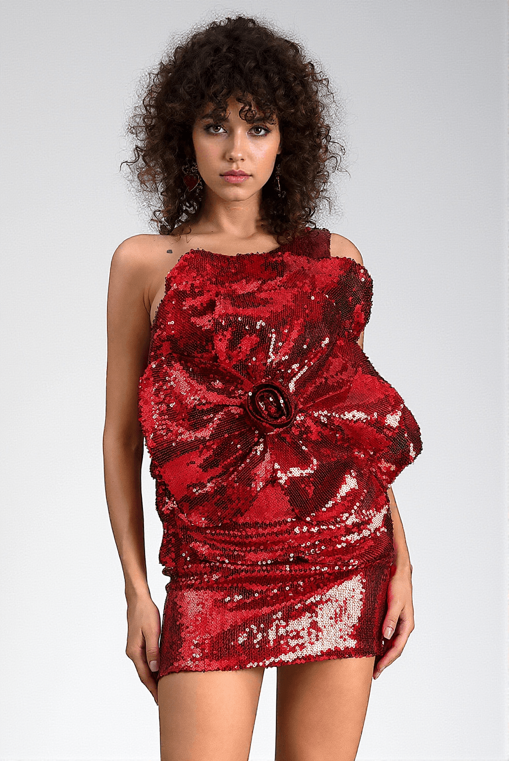 Foteini – One-Shoulder-Minikleid mit Pailletten und 3D-Blumenmuster