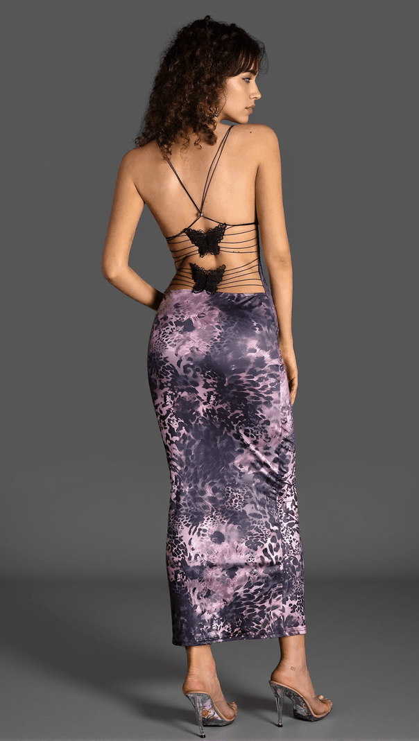 AIIZIE VELLA SPAGHETTI LEOPARD PRINT BACKLESS DRESS IN PURPLE - product image