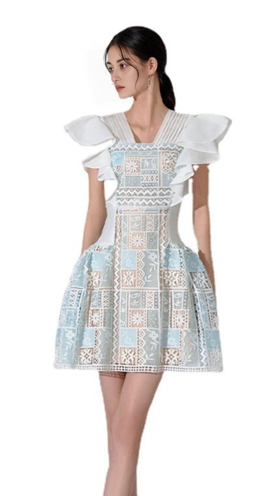 LACE RUFFLED MINI DRESS IN SLIGHT GRAY