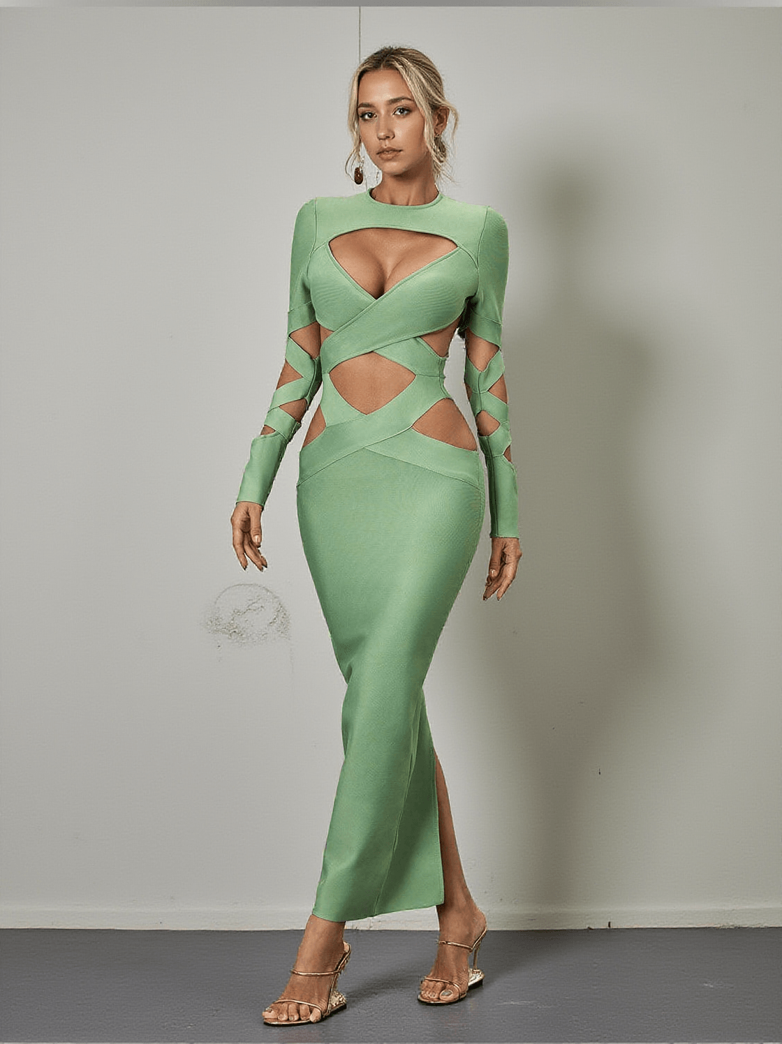 BRINLY LONG SLEEVE CUTOUT BANDAGE DRESS
