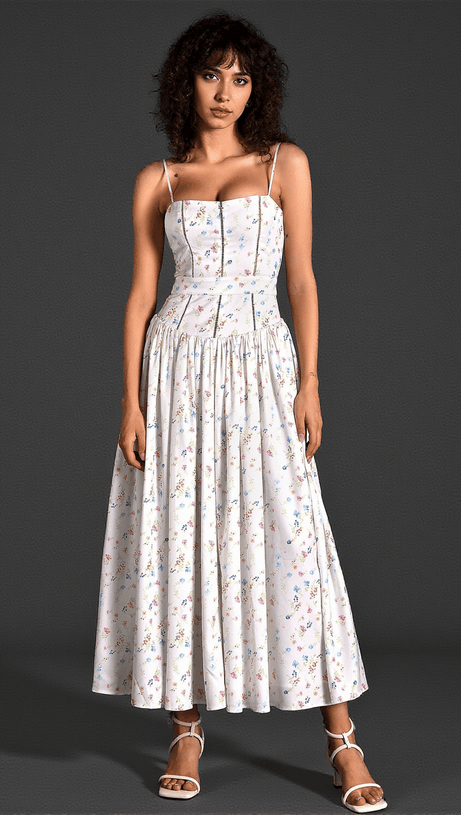 Gepunktetes Spaghetti-Kleid mit gewebtem Print