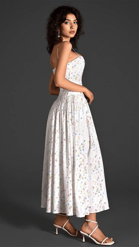 Gepunktetes Spaghetti-Kleid mit gewebtem Print